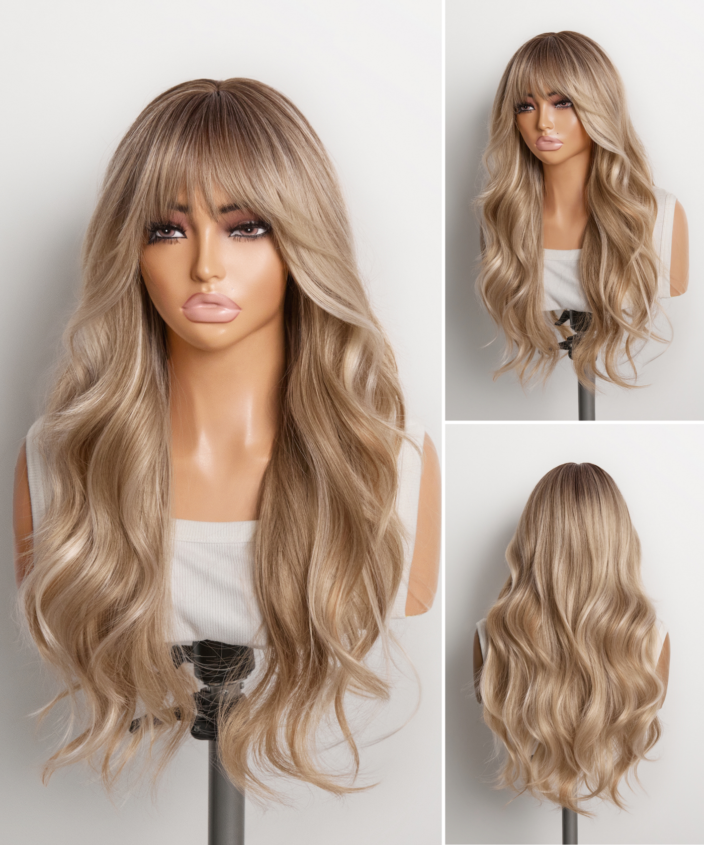 Ava champagne blonde wig on a mannequin, showing front, side, and back views