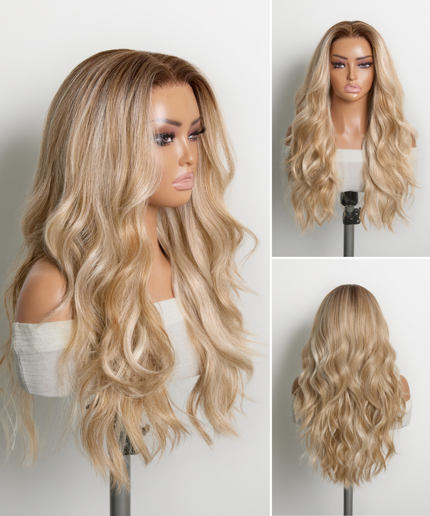 Grace 24-inch blonde wig on a mannequin, showing front, side, and back views