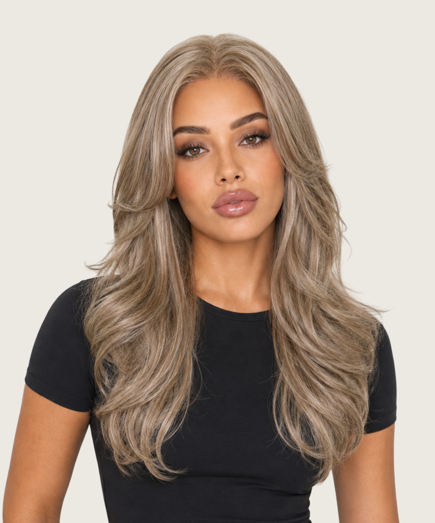 Mia 22-inch champagne ash curtain bangs wig, front view with long layered waves