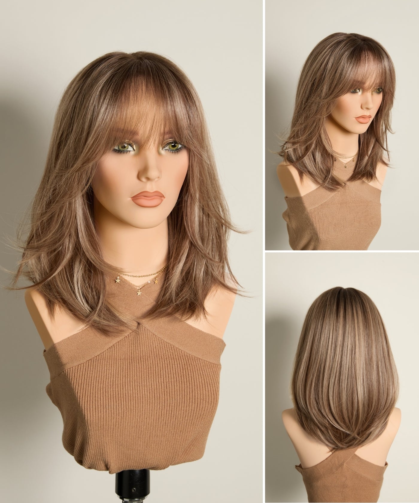 Rachel | Human Hair Blend | 14" Caramel Blonde Balayage Lob Wig With Scalpiana Lace