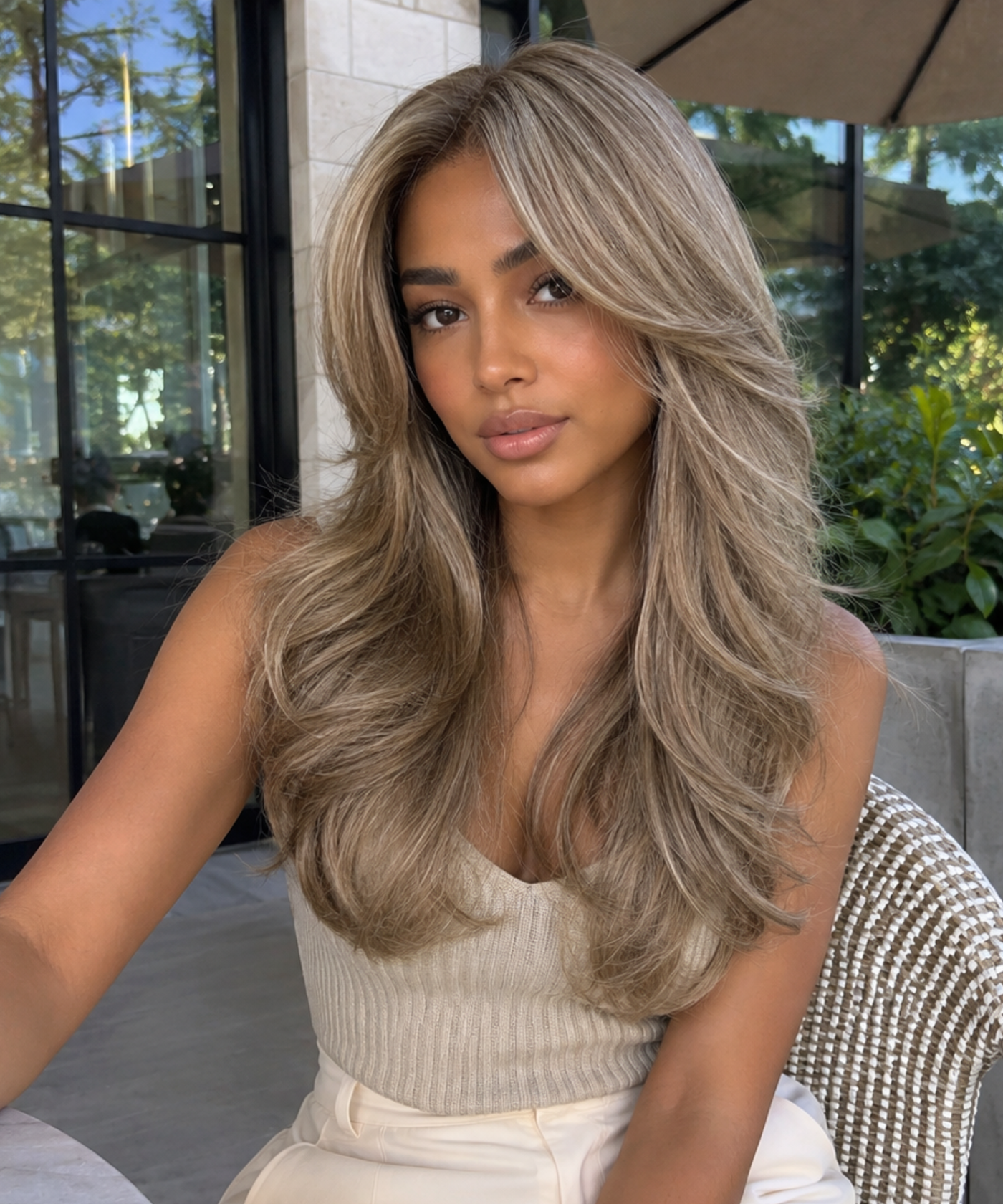 Mia 22-inch curtain bangs wig worn outdoors with soft face-framing layers