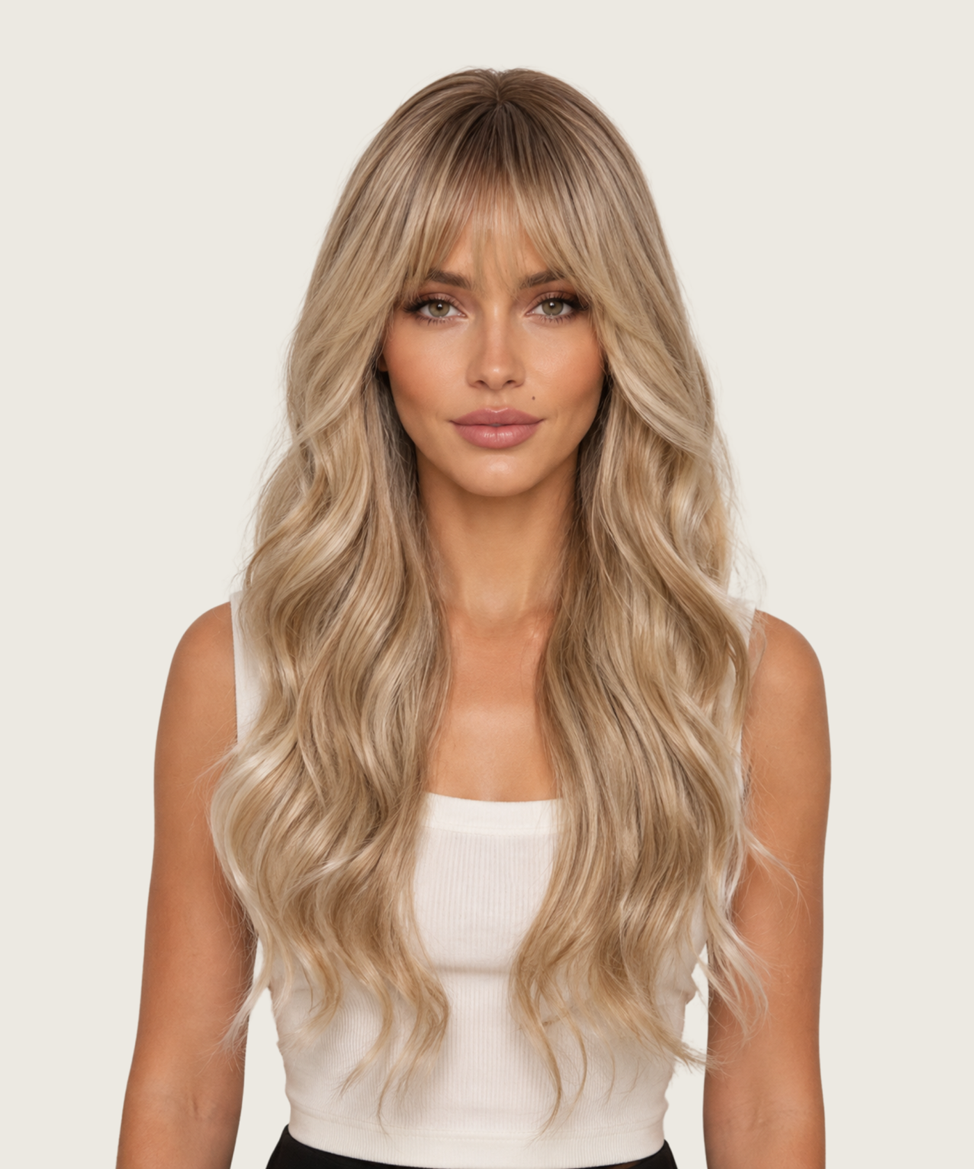 Ava 24-inch creamy champagne blonde loose wave wig with wispy bangs, front view