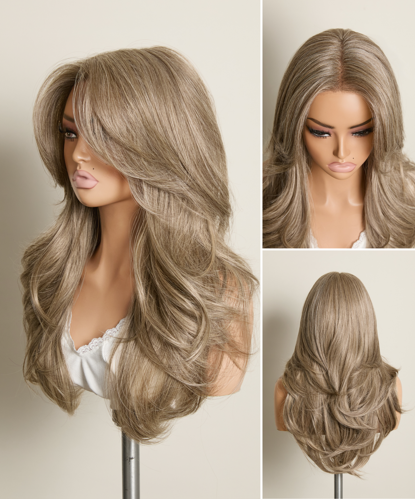 Mia champagne ash wig on a mannequin, showing front, side, and back layered views