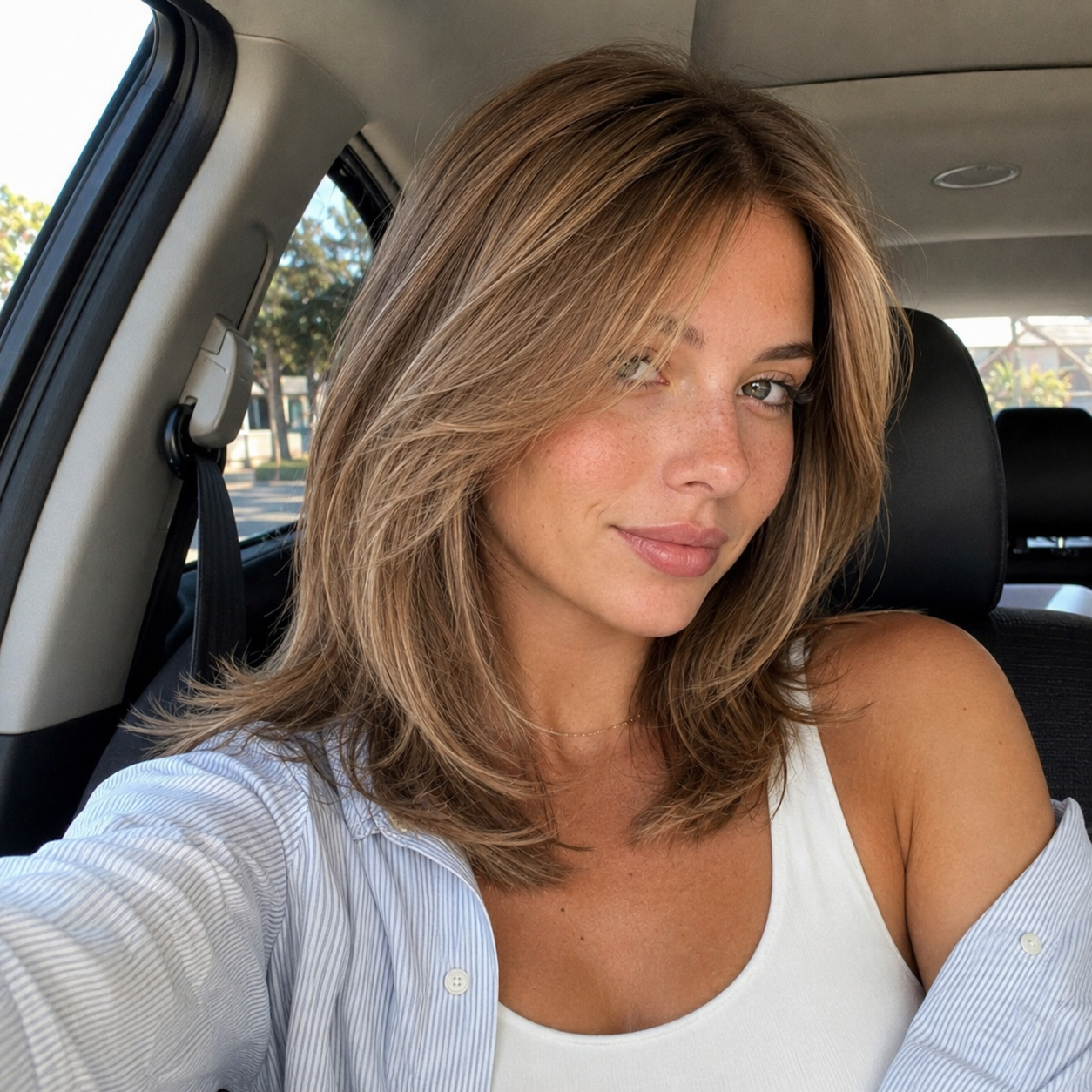 Woman wearing a dimensional brunette layered wig with a natural-looking finish